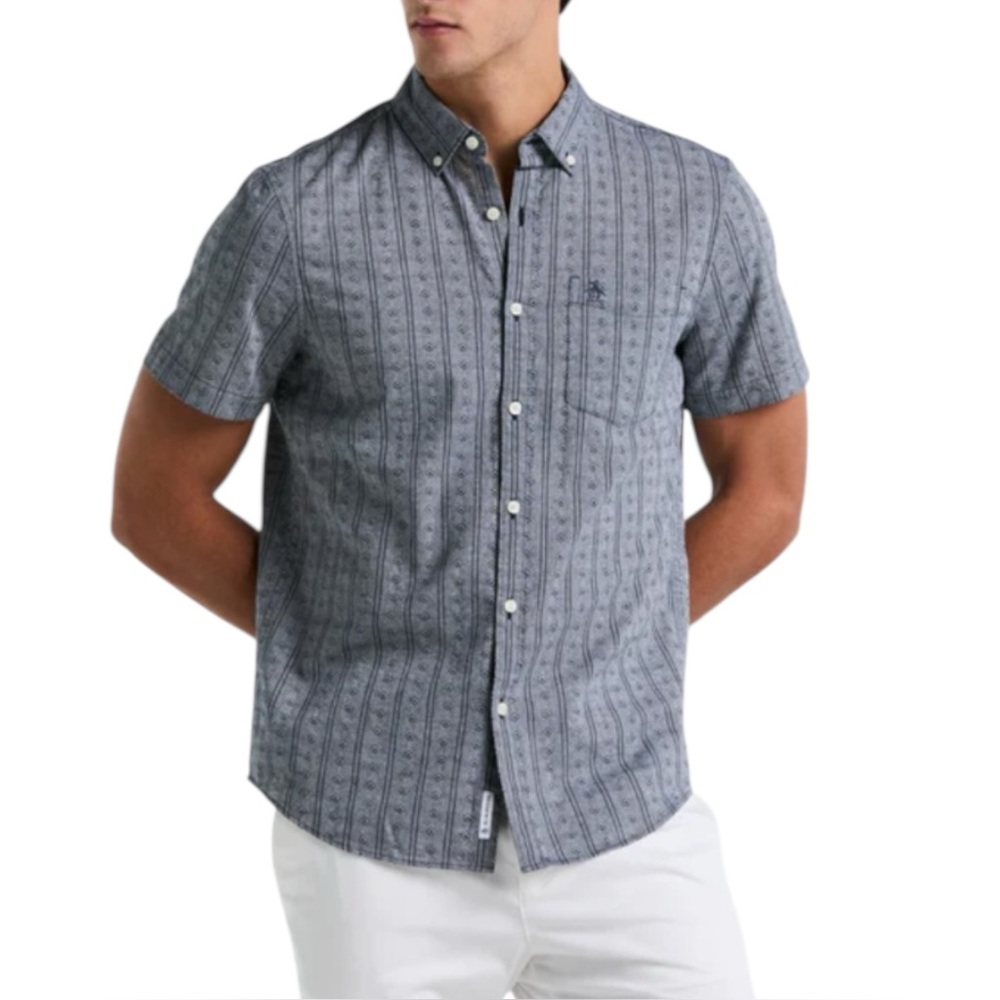 Original Penguin Men's Dobby Geo Shirt Blue Patterned Short Sleeve Shirt Size XL